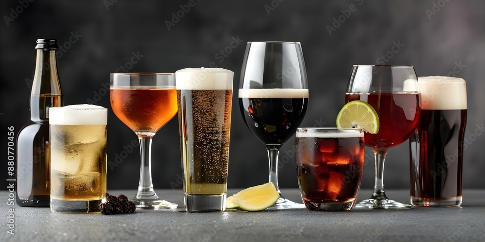 Dynamic ad featuring various beverages like tea beer whiskey wine and coffee. Concept Beverages, Tea, Beer, Whiskey, Wine, Coffee Dynamic ad featuring various beverages like tea beer whiskey wine and coffee. Concept Beverages, Tea, Beer, Whiskey, Wine, Coffee
