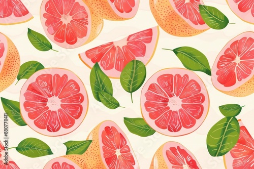Seamless pattern with grapefruit citrus fruits with leaves