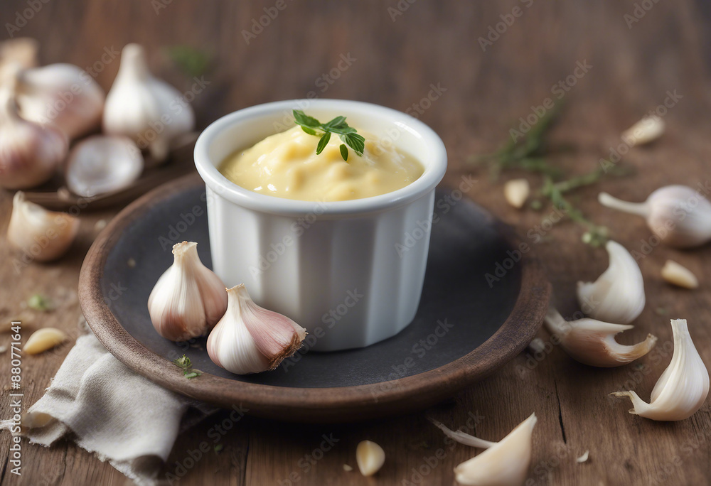 garlic butter sauce in a ramekin, with fresh garlic cloves, ad shot, copy space for text garlic butter sauce in a ramekin, with fresh garlic cloves, ad shot, copy space for text