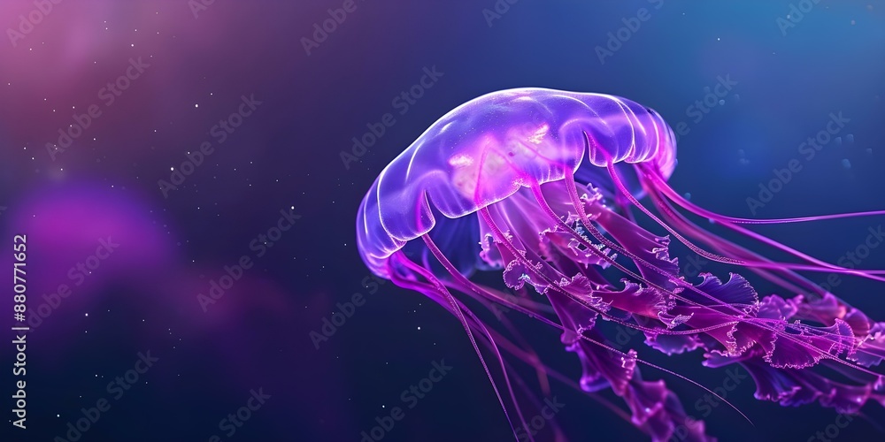 Obraz premium Elegant purple jellyfish with see-through tentacles drifting in colorful ocean. Concept Underwater World, Marine Life, Purple Jellyfish, Colorful Ocean, Elegant Creatures