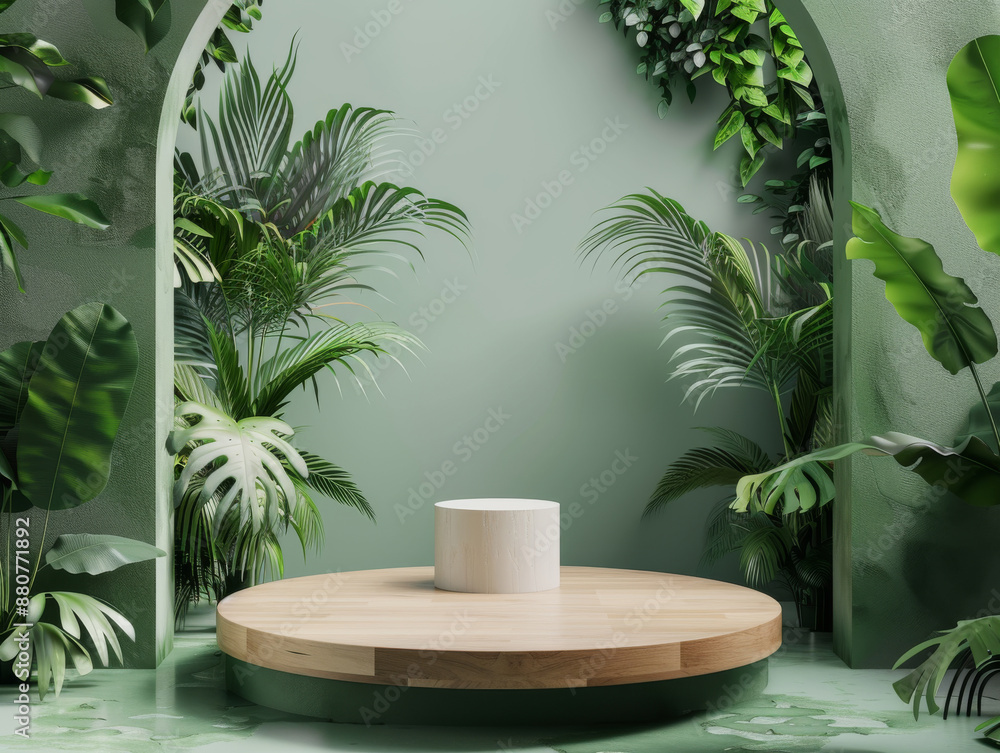 wood podium mockup for product display with green leaves and plants wood podium mockup for product display with green leaves and plants