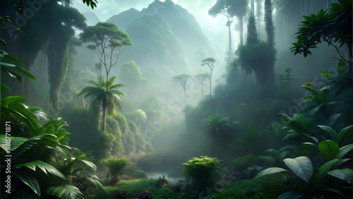 A lush jungle with a river running through it