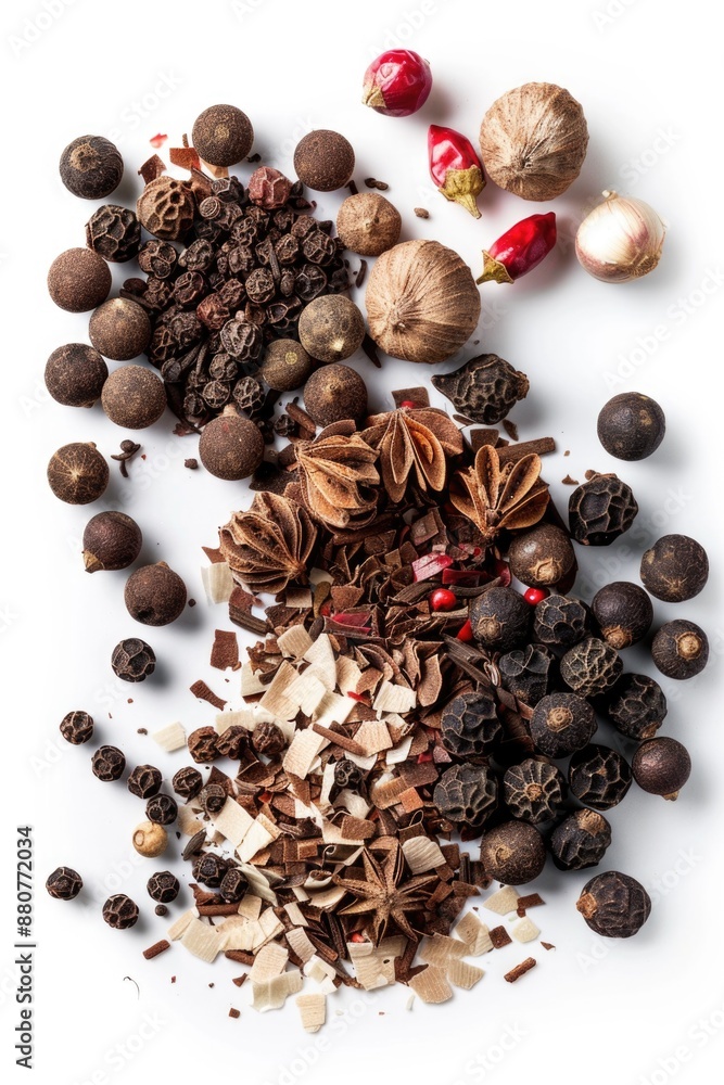 A collection of various spices and nuts arranged on a white surface A collection of various spices and nuts arranged on a white surface