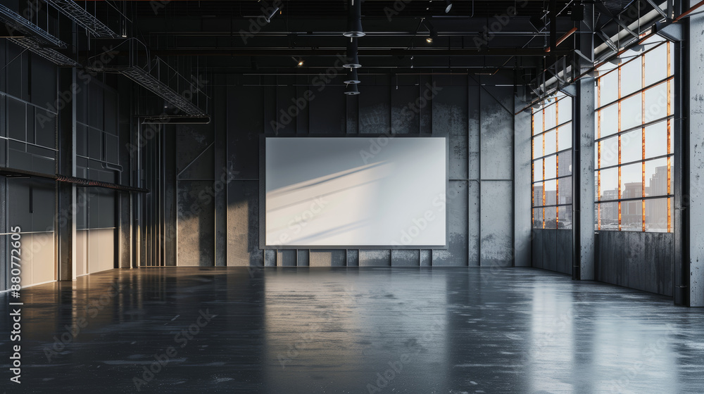 Exhibition Hangar Interior: The space is expansive and industrial, resembling a large hangar or gallery. The walls and ceiling are high, with exposed beams and a minimalist design that emphasizes Exhibition Hangar Interior: The space is expansive and industrial, resembling a large hangar or gallery. The walls and ceiling are high, with exposed beams and a minimalist design that emphasizes