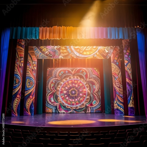 Theater stage light background with spotlight illuminated the stage.. Empty stage with bright colors backdrop decoration. Entertainment show © Rasel