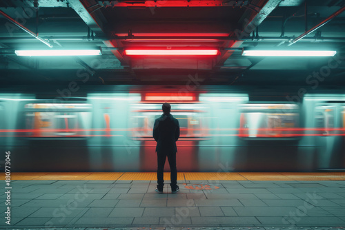 Man standing in front of moving subway train, rear view, long exposure shot