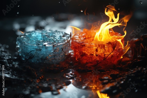 Beautiful Yin and Yang symbol on fire and ice, generative IA