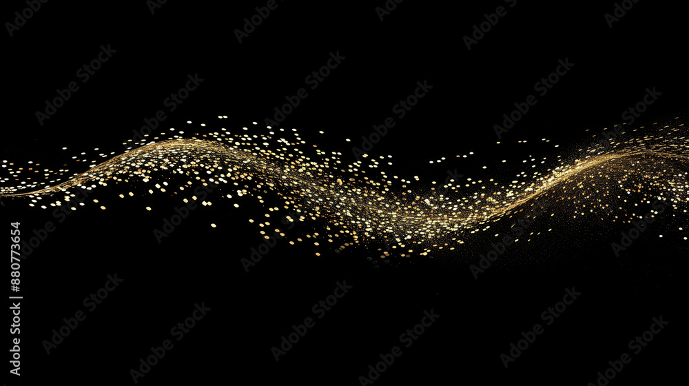 Fototapeta premium A stream of golden glitter appeared on the black background. The glitter fell in a way that looked like it was blown by the wind. The scene was quirky and fun.
