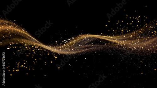 A stream of golden glitter appeared on the black background. The glitter fell in a way that looked like it was blown by the wind. The scene was quirky and fun.