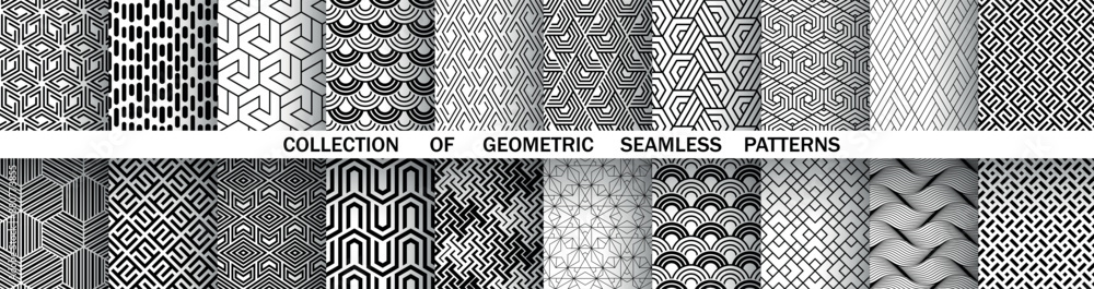 Geometric set of seamless black and white patterns. Simple vector graphics. Geometric set of seamless black and white patterns. Simple vector graphics.