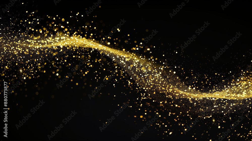 Fototapeta premium A stream of golden glitter appeared on the black background. The glitter fell in a way that looked like it was blown by the wind. The scene was quirky and fun.