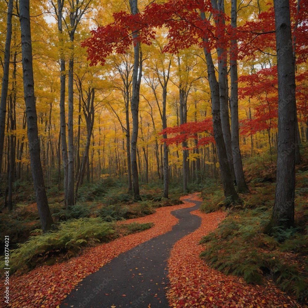 Obraz premium Show a path winding through a forest in fall, with vibrant red, orange, and yellow leaves.