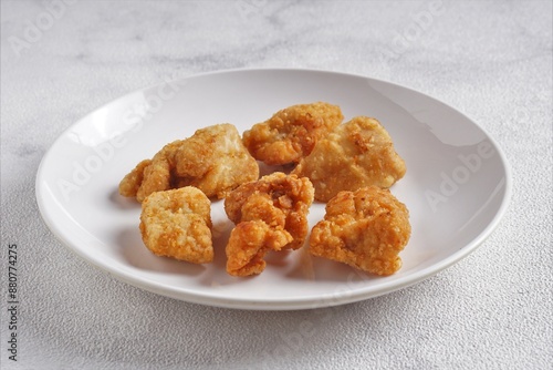 crispy fried chicken fillet on a white plate on a white background with studio lighting, suitable for product photos, brochures, catalogs, etc.