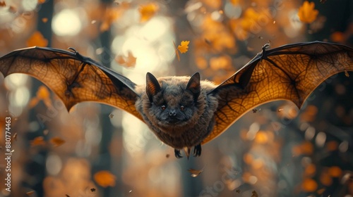 A bat with outstretched wings is flying through a forest during autumn, surrounded by orange leaves. The scene captures the natural beauty and mystery of the wildlife in its habitat. © Vladimir