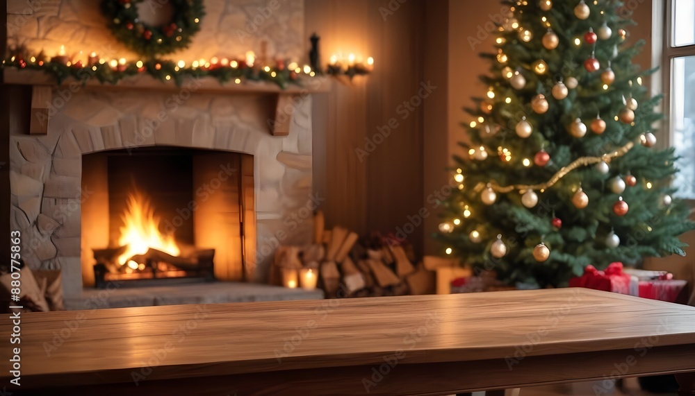 Christmas tree and fireplace with copy space. Generative AI Christmas tree and fireplace with copy space. Generative AI
