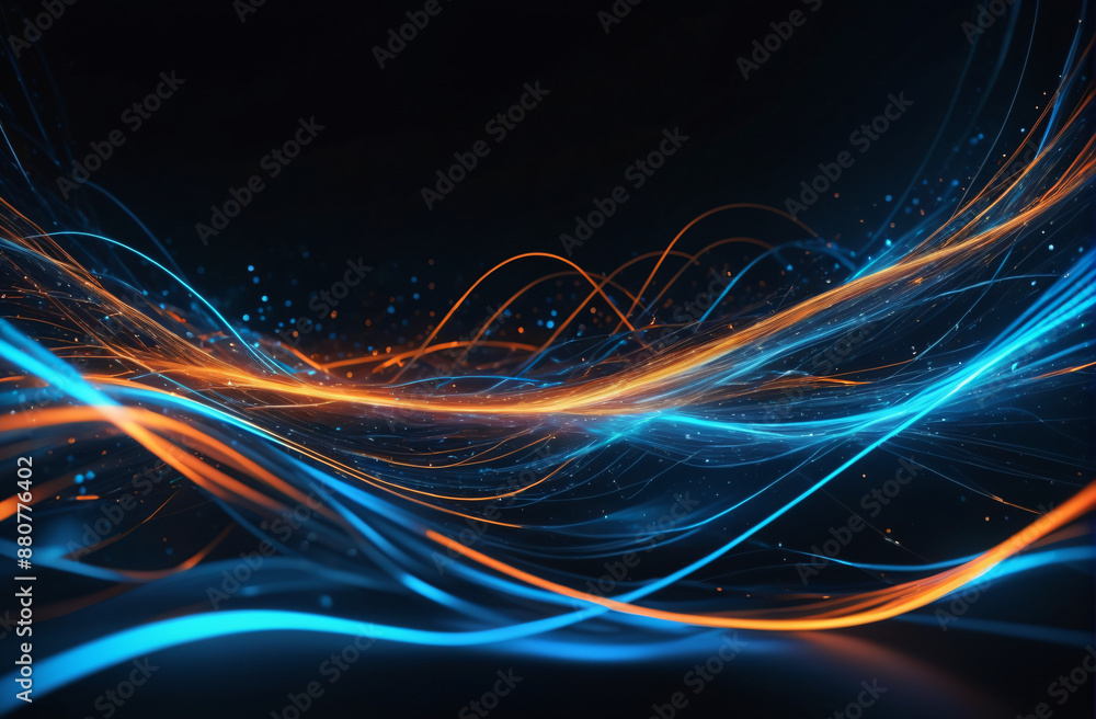 Naklejka premium background for tech themes. Abstract wallpaper of a digital data stream, representing connectivity and cyberspace, with beautiful blue and orange lights 