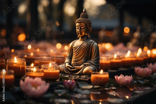 Obraz na płótnie Mahavir jayanti bronze Buddha figure sacred deity statuette peace and tranquilit, generative IA w salonie