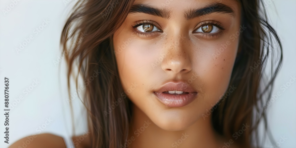 A Close-Up Portrait Capturing a Woman's Dewy Skin and Radiant Complexion. Concept Portrait Photography, Female Model, Close-Up Shot, Dewy Skin, Radiant Complexion A Close-Up Portrait Capturing a Woman's Dewy Skin and Radiant Complexion. Concept Portrait Photography, Female Model, Close-Up Shot, Dewy Skin, Radiant Complexion