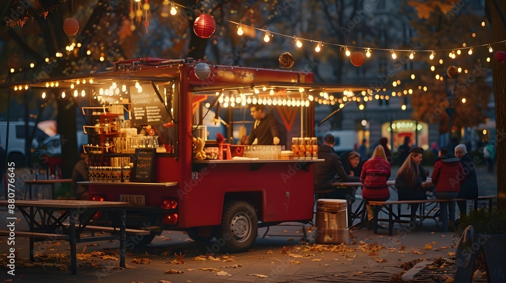 Obraz premium Photo of a food truck at night in the city, with lights, bokeh effect