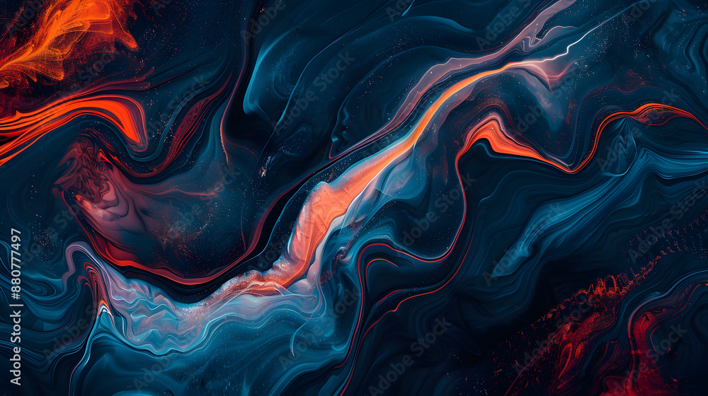 Obraz premium Abstract marble background with orange curls. Liquid marbled dark blue, orange golden luxury texture. Natural fluid art painting in alcohol ink technique. 