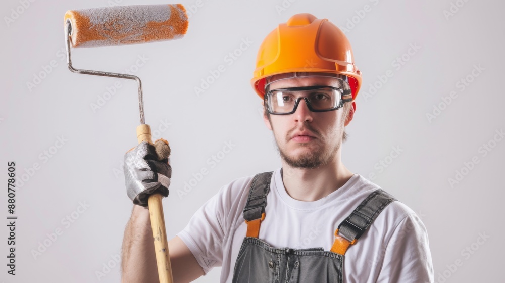 Man in Painting Jumper Suit with Paint Roller Against Solid Color Wall Man in Painting Jumper Suit with Paint Roller Against Solid Color Wall