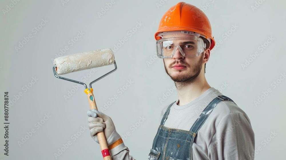 Man in Painting Jumper Suit with Paint Roller Against Solid Color Wall Man in Painting Jumper Suit with Paint Roller Against Solid Color Wall