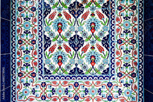 Colorful traditional Turkish ceramic tile pattern with floral motifs, texture, background.