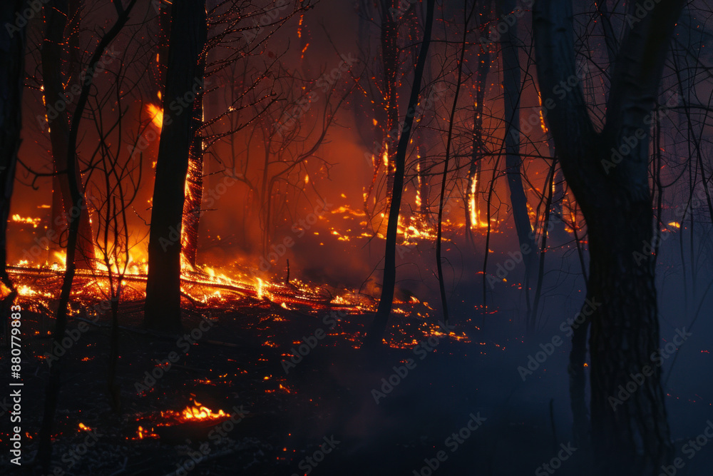 Wildfires or forest fire burning at night. Climate change. Wildfires or forest fire burning at night. Climate change.