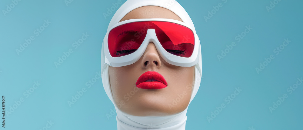 Futuristic Fashion Model with White Helmet and Red Sunglasses Futuristic Fashion Model with White Helmet and Red Sunglasses