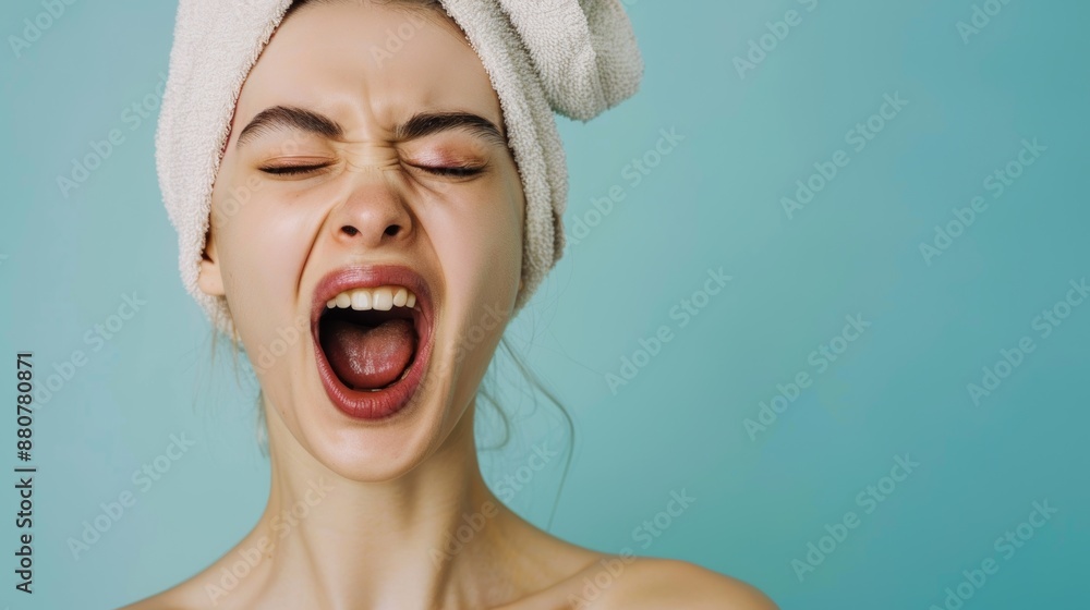 Yawning, beauty skincare, and woman's tired face preparing for bed and nighttime bathroom routine. Yawning model female with facial cosmetics, luxury makeup, and fatigue mockup. Yawning, beauty skincare, and woman's tired face preparing for bed and nighttime bathroom routine. Yawning model female with facial cosmetics, luxury makeup, and fatigue mockup.