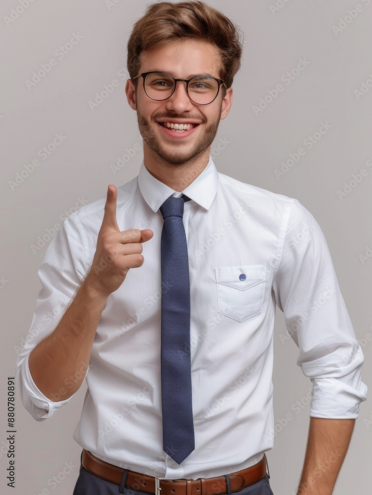 Portrait of a happy young business standing isolated on a light background, showing a hand gesture with his pointing finger to blank space for text or advertisement Portrait of a happy young business standing isolated on a light background, showing a hand gesture with his pointing finger to blank space for text or advertisement