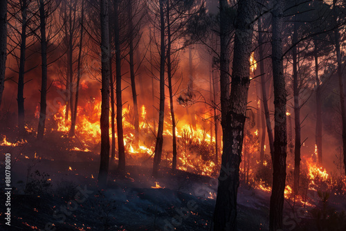 Forest fire, trees on fire due to drought. Climate change. photo