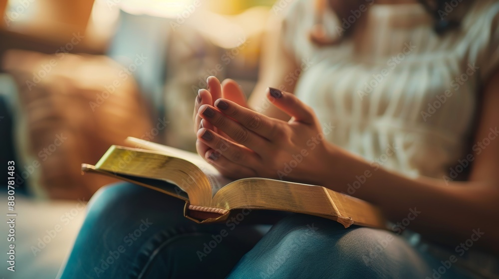 Obraz premium Woman hands, bible, and prayer in spiritual house, pure gospel, and God worship. Closeup woman praying, studying religion, or praising Jesus Christ in tranquility with Christian books.