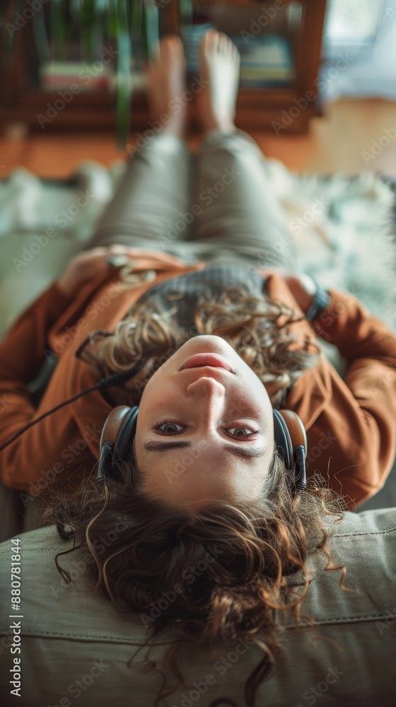 Woman on sofa upside down with headphones, smiling, or music in portrait to relax in lounge. Mexican living room with happy lady, couch, audio for happiness, streaming podcast or internet radio. Woman on sofa upside down with headphones, smiling, or music in portrait to relax in lounge. Mexican living room with happy lady, couch, audio for happiness, streaming podcast or internet radio.