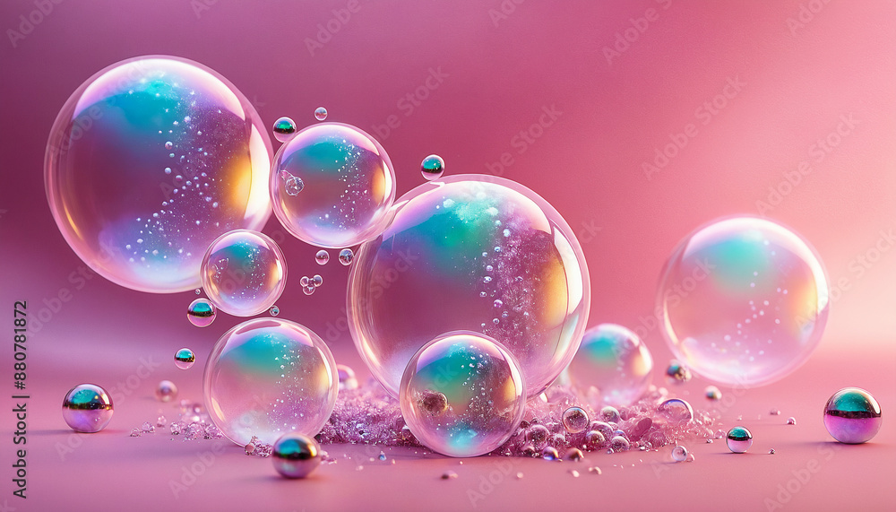 colourful soap bubbles on pastel pink background colourful soap bubbles on pastel pink background