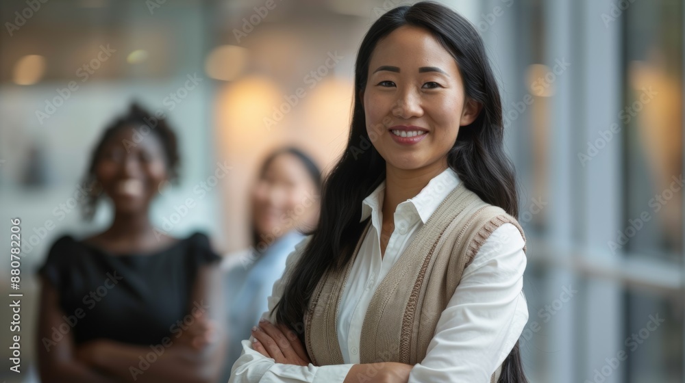 Obraz premium Teamwork, unity, diversity, business, and women-only portraits in office leadership. A proud black lady, Asian, and team with company values and career ambitions.