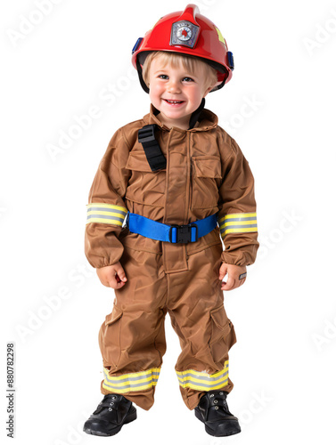 A cute toddler dressed as a firefighter and smiling at the camera. 