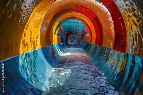 A vibrant water slide featuring colorful sections within a tunnel, flowing water, and an inviting atmosphere ready to provide a fun and exhilarating experience to adventurers. photo