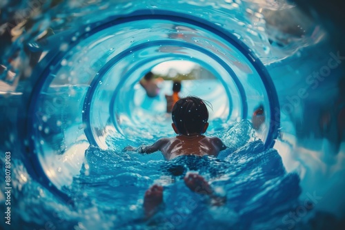 A downward view of a child sliding through a cool blue tunnel, splashing water, creating refreshing and exhilarating fun. It represents the excitement and joy of a water adventure. photo