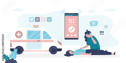 Woman faints on the street, girl uses cellphone and calls an ambulance or 911. Emergency call, ambulance truck in road. Fast first aid. Healthcare, medicine treatment