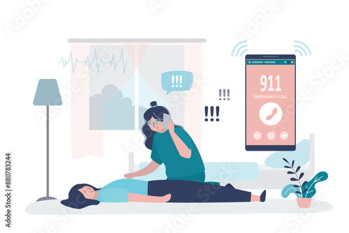 Woman faints, female user calls an ambulance or 911 via cellphone. Emergency call, fast first aid. Medical rescue and help. Healthcare, medicine treatment.