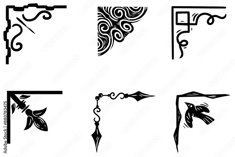 Obraz premium Corner design. vectorial illustration. Set of ornamental corners in woodcut style. rustic.