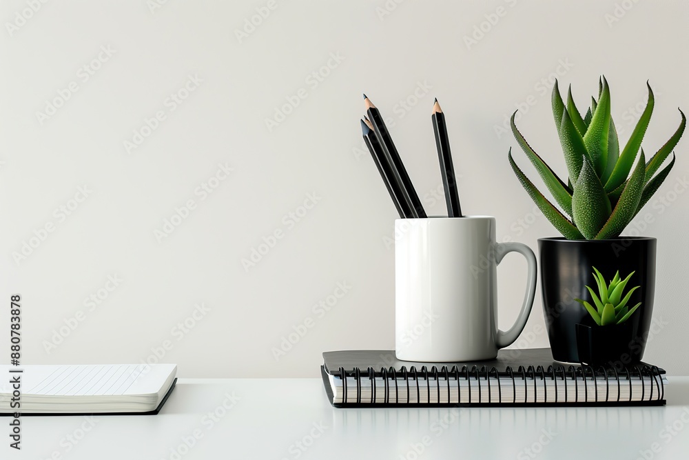 Front view white desk with black stationery, succulent plant, notebook, eyeglasses. Morning background banner, space for text. Minimalistic concept, workspace, time to work. Blank workplace. Mock-up. Front view white desk with black stationery, succulent plant, notebook, eyeglasses. Morning background banner, space for text. Minimalistic concept, workspace, time to work. Blank workplace. Mock-up.