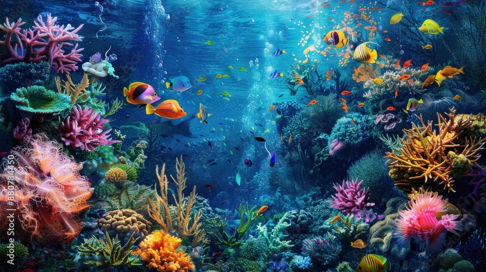 Underwater scene with coral and fish, where AI melds colors and forms ...