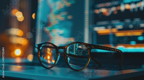 Entrepreneur s spectacles resting on portable computer