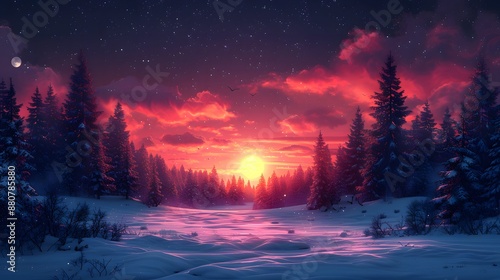 A beautiful sunset over a snowy forest with trees in the background. The sky is filled with clouds and the sun is setting, creating a warm and peaceful atmosphere