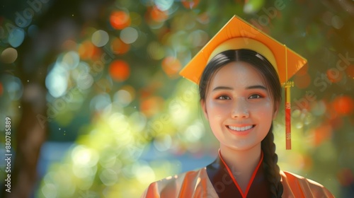 a beautiful woman who is happy to graduate from university in traditional clothes wearing hats photo