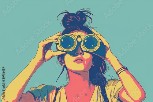 Young hipster woman with binoculars illustration. Planning or navigation concept.
