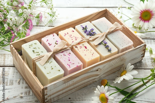 Assorted handmade soap bars in a rustic wooden box with a bow, handmade soap, ideal for a luxurious gift photo