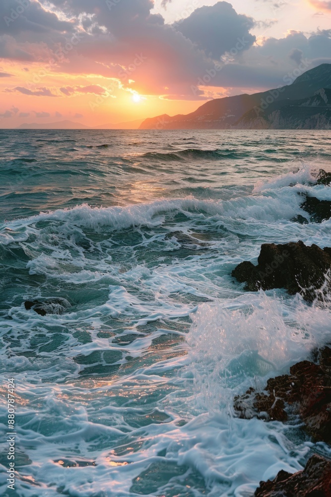Beautiful sunset scene with ocean waves crashing against the shore, great for travel or nature-themed projects Beautiful sunset scene with ocean waves crashing against the shore, great for travel or nature-themed projects